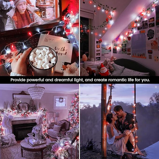 Hopolon 33FT 100 Led String Lights Indoor Outdoor,Red and White Christmas Lights Clear Wire,Connectable Waterproof Twinkle Fairy Light Plug in for Tree Valentines Day Bedroom Wedding,100 LED,Red White
