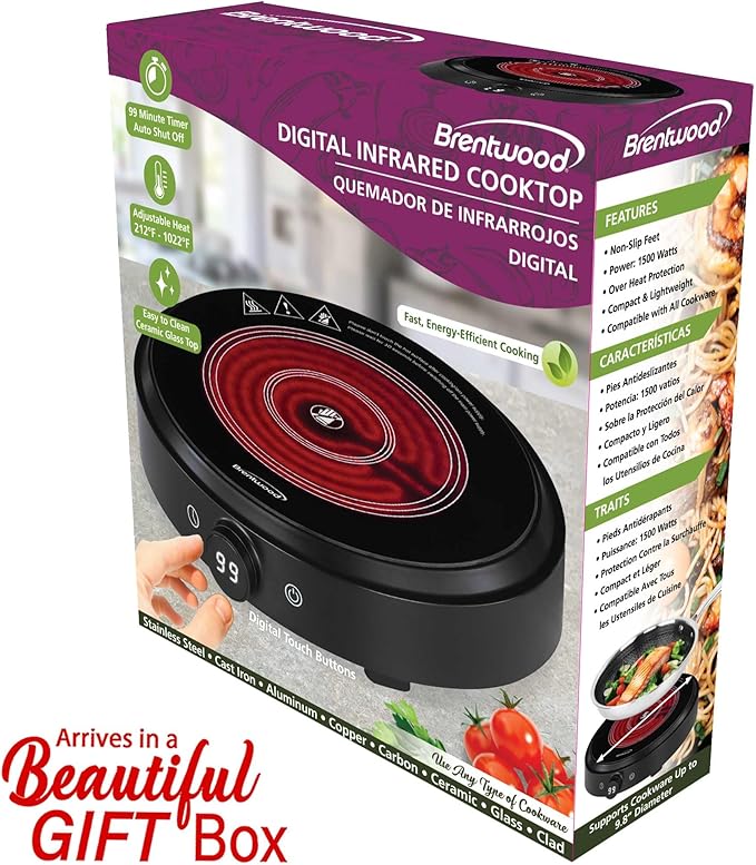 Brentwood Select 1500w 10-Inch Countertop Infrared Single Burner with Digital Touch Buttons, Knob, 9 Heat Settings, 99 Minute Timer, Black