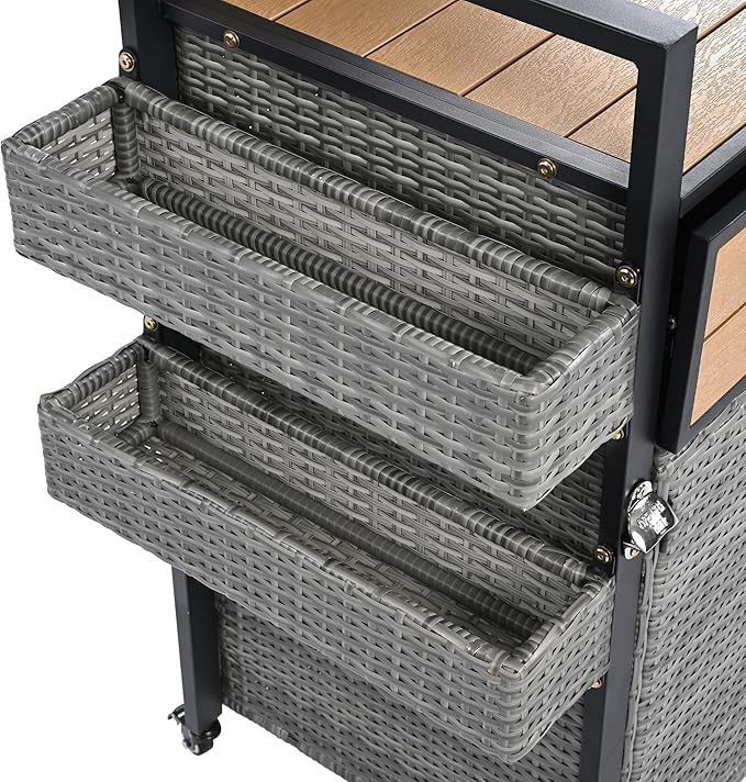 RUNNA Wicker Outdoor Grill Cart with Extended Plastic Wood Table Top, Rolling Kitchen Island on Wheels with Storage Cabinet, for Patio Backyard Garden Poolside, Double Handle Design (Grey@047)