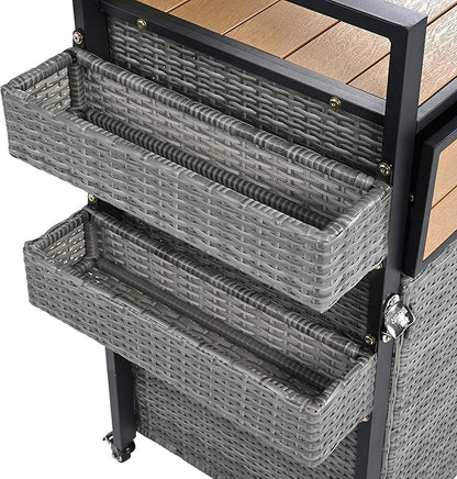 RUNNA Wicker Outdoor Grill Cart with Extended Plastic Wood Table Top, Rolling Kitchen Island on Wheels with Storage Cabinet, for Patio Backyard Garden Poolside, Double Handle Design (Grey@047)
