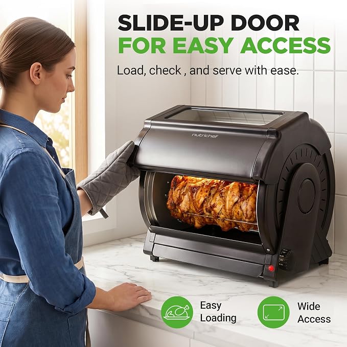 NutriChef Horizontal Rotating Shawarma Oven | Rotisserie, Shawarma & Kebab Machine | Includes Large 22.4 Quart Capacity, 3-Hour Timer & 6 Kebab Skewers | Ideal for Chicken,Turkey & Lamb | Black
