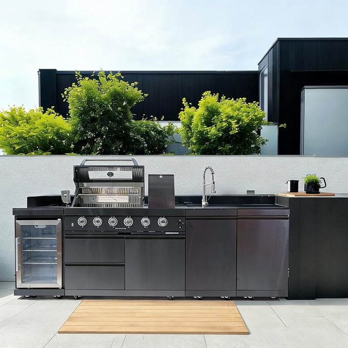 104" Stainless Steel Outdoor Kitchen Island Grill, 4-Burner 72000 BTU, Wine Cooler Refrigerator, Rotisserie Kit, Granite Countertops, Sink, Glide Wheels, For Backyard BBQ, Black