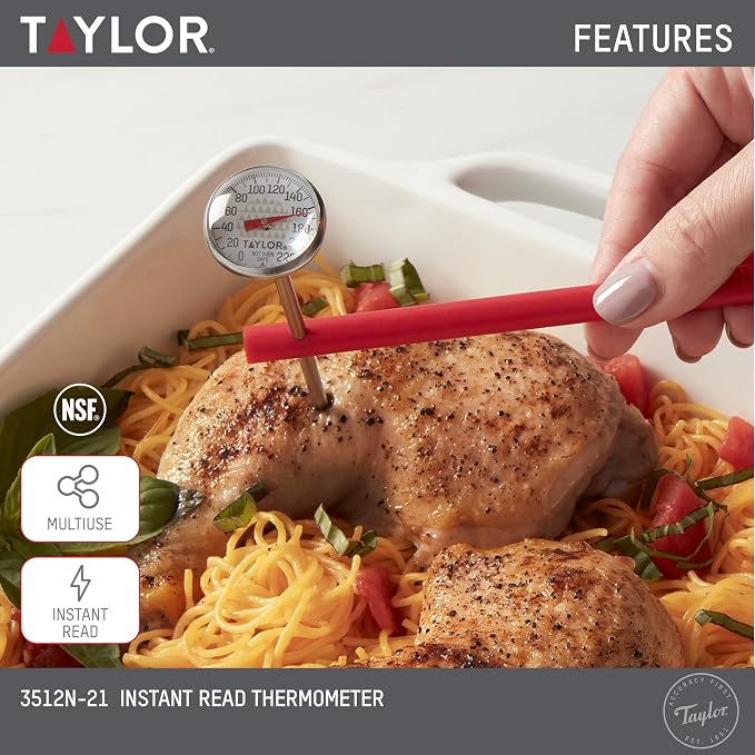Taylor Instant Read Analog Meat Food Grill BBQ Cooking Kitchen Thermometer with Red Pocket Sleeve Clip, 1 Inch Dial