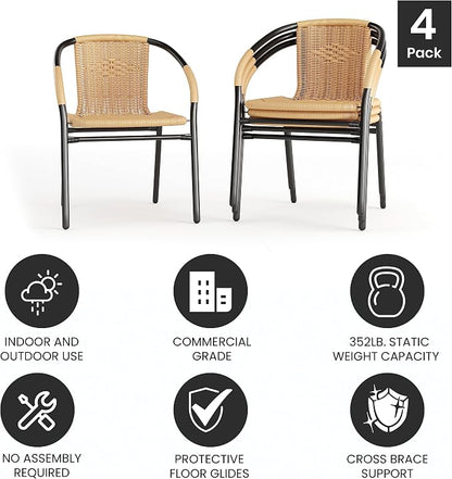 Flash Furniture Lila 4 Pack Beige Rattan Indoor-Outdoor Restaurant Stack Chair | Versatile and Stylish Seating