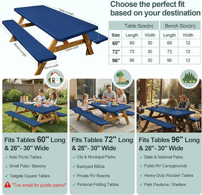 Picnic Table Cover Bench Covers Camping Essentials Tablecloth | Waterproof Vinyl for Outdoor, Windproof Elastic Fitted Edges, RV BBQ Accessories Must Haves, Storage Bag Included