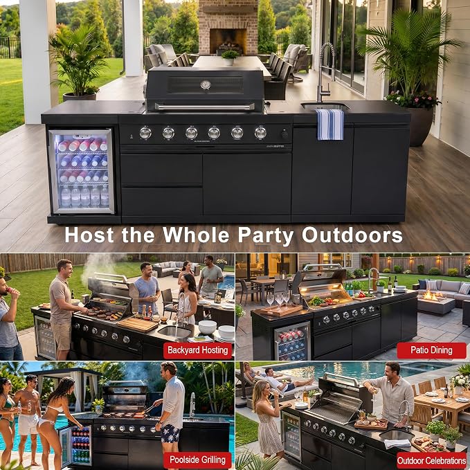 Outdoor Kitchen Island Barbecue Grill with Refrigerator & Rotisserie, Heavy-Duty Stainless Steel Freestanding Grills Station, Weather-Resistant Cooking Cabinet for Backyard & Summer Propane Gas