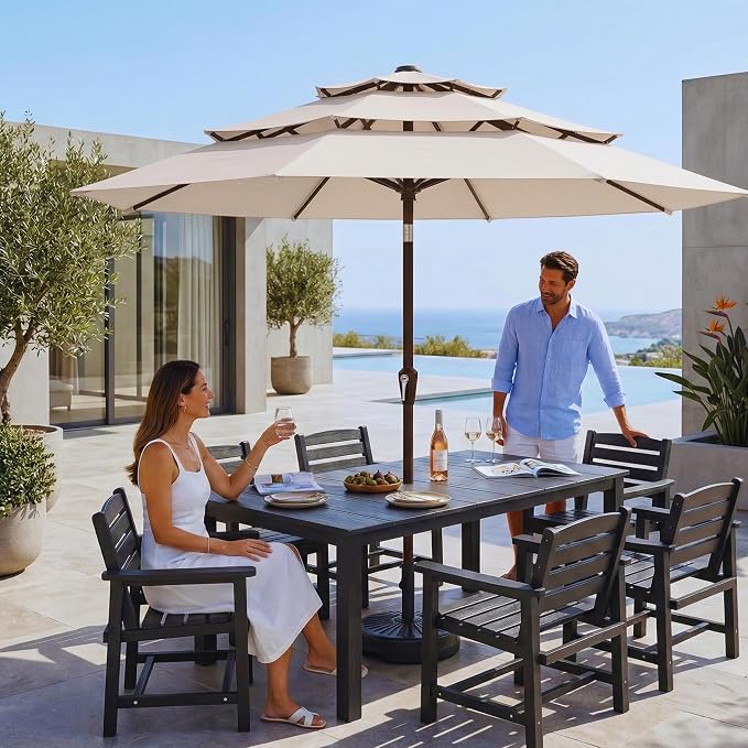 10ft 3 Tier Patio Umbrella, Outdoor Market Table Umbrella with UPF 50+ Vented Canopy, 8 Sturdy Ribs, Easy Push Button Tilt and Crank, Windproof for Deck, Pool, Backyard and Garden