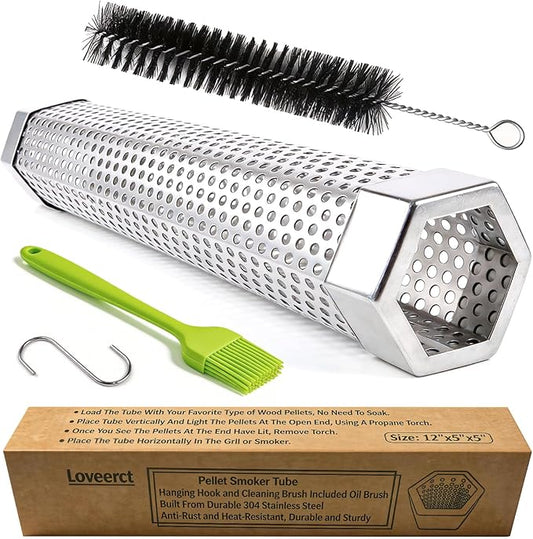 Smoke Tube for Pellet Smoker 12" - 5 Hours of Billowing Smoke - Hot/Cold Smoking - for Any Grill & Smoker - Premium Stainless Steel BBQ Smoking Tube, Includes Bonus Cleaning, Basting Brush & S-Hook