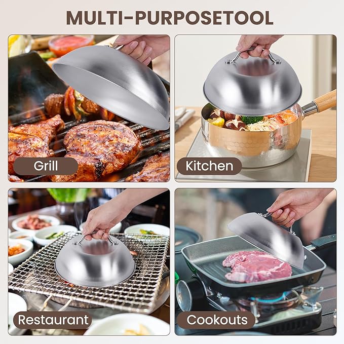 9” Blackstone Basting Cover Lid Dome for Griddle Cooking Basting, Griddle Accessories for Enhanced Flavor and Steaming Vegetables + 9.7" Spatula Steak Grill Tongs for Flipping Barbecue