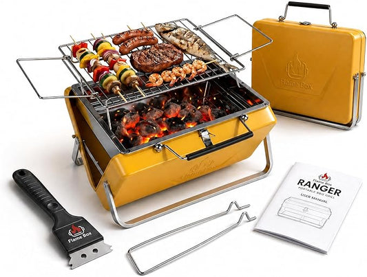 Ranger Portable Charcoal Grill – Compact Lunchbox‑Style Folding BBQ for Camping & Beach| Dual‑Zone Heating, Stainless Steel Body, 3-sec Setup, Includes Tong & Cleaning Brush, Serve 2-3 people