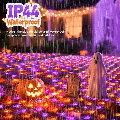 Pooqla Orange and Purple Halloween Net Lights Outdoor, 15x 5ft Green Wire | 300 LED Large Net Mesh Lights Plug in, 8 Modes Waterproof Connectable Bushes Lights for Halloween Hedge Yard Decor