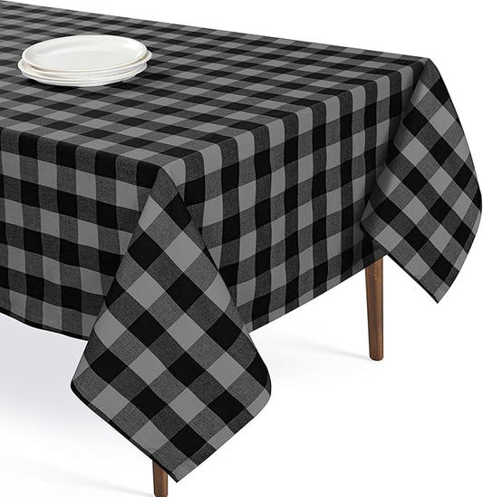 Premium Buffalo Plaid Tablecloth (60x102) - 100% Cotton Checkered Table Cover - Farmhouse Style, Washable Linen for Holiday Hosting, Dinner Parties, Family Dining, Light Grey & Black