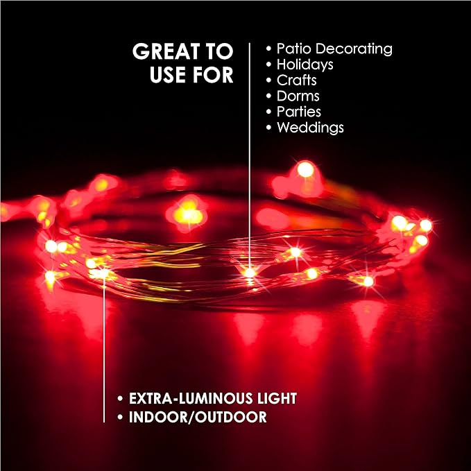 2-Pack 20 LED Wire Twinkle Fairy Lights, Battery Powered, Waterproof — Christmas, Holidays, Wedding, Party — Bedroom, Living Room — 6.5 Ft, Red, Indoor & Outdoor
