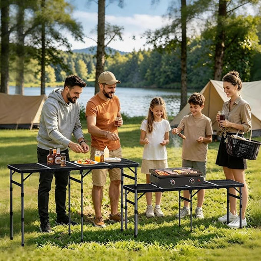Anbte 4-Fold Grill Table, 3 Adjustable Height Max 27.5", 46" X 16", Black | Aluminum, Heat-Resistant Mesh Tabletop, Portable Handle, Waterproof Grill Side Table , for Outdoor Cooking Patio BBQ Picnic