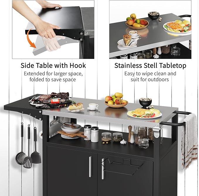 Shintenchi Outdoor Grill Cart Table with Stainless Steel Top for Kitchen Prep & BBQ, Outdoor Kitchen Island Table with Side Handle, Multifunctional Outdoor Grill Table, Black