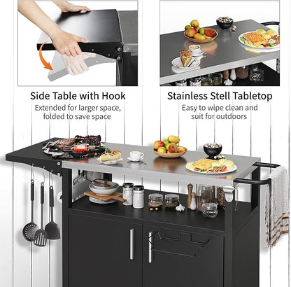 Shintenchi Outdoor Grill Cart Table with Stainless Steel Top for Kitchen Prep & BBQ, Outdoor Kitchen Island Table with Side Handle, Multifunctional Outdoor Grill Table, Black