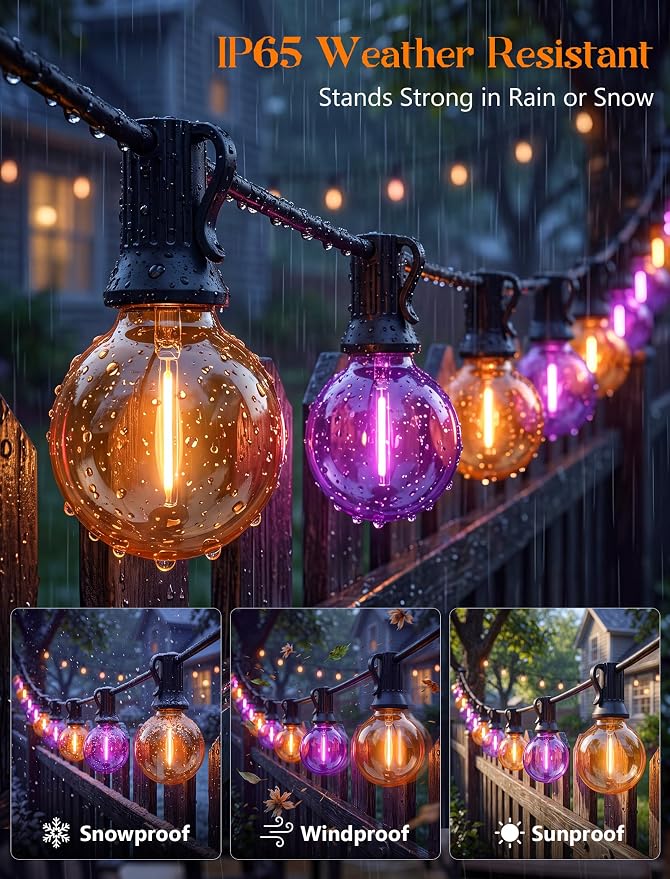 50FT Halloween String Lights Outdoor - G40 Purple and Orange String Lights | 25 Shatterproof LED Bulbs, IP65 Waterproof Dimmable Connectable Globe String Lights for Patio Porch Yard Decor