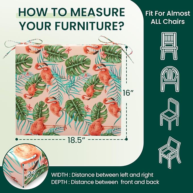 HARBOREST Outdoor Chair Cushions Set of 4, Water Resistant Patio Chair Cushions with Ties, Square Corner Outdoor Seat Cushions for Patio Furniture, 18.5"x16"x3", Flamingo