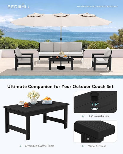 SERWALL HDPE Patio Conversation Set, 6-piece Sectional Outdoor Furniture Set, All Weather Outdoor Couch Set Patio Furniture Set for Deck, Lawn, Black Frame with Khaki Cushion