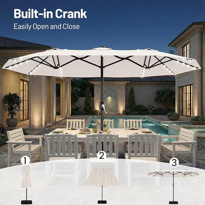 AreShark 13 FT Patio Umbrella with Solar Lights, Double-Sided Outdoor Table Umbrellas with Crank, Large Rectangular Market Umbrella for Porch, Lawn, Pool, Backyard, Cream-White