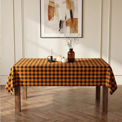 Halloween Gingham Tablecloth Waterproof, Fall Checkered Fabric Table Cover for Kitchen Dining, Black & Orange Plaid Table Cloth, Rectangle Table Cloth for Indoor Outdoor Use, W60 x L84 in