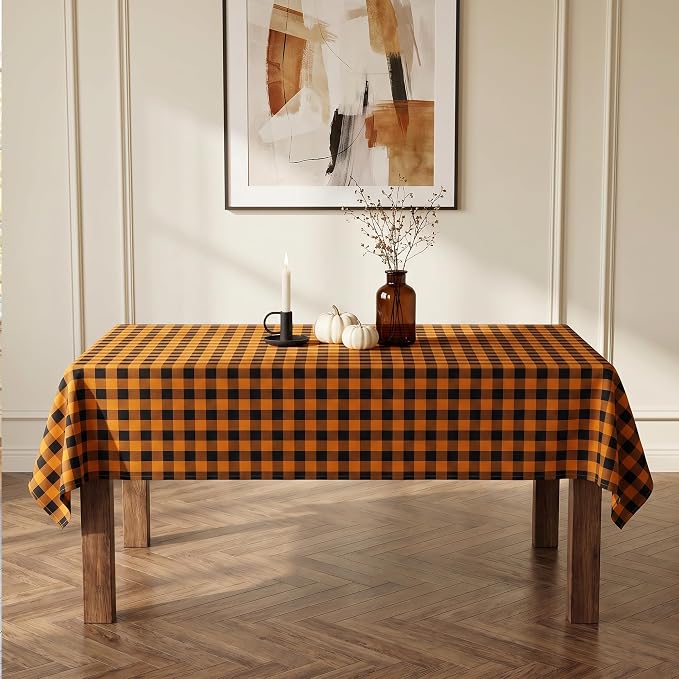 Waterproof Gingham Tablecloth, Checkered Fabric Table Cover for Kitchen Dining, Black & Orange Plaid Table Cloth, Rectangle Table Cloth for Indoor Outdoor Use, W60 x L102 in