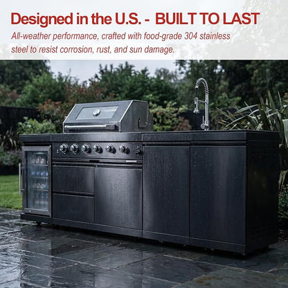 Outdoor Kitchen Island Barbecue Grill with Refrigerator & Rotisserie, Heavy-Duty Stainless Steel Freestanding Grills Station, Weather-Resistant Cooking Cabinet for Backyard & Summer Propane Gas