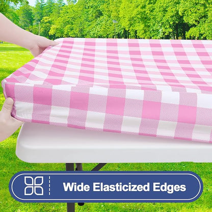 Smiry Picnic Table Cover with Bench Covers, Waterproof Elastic Fitted Tablecloths for 5 Foot Rectangle Tables, Washable Buffalo Plaid Tablecloth for Camping, Outdoor (Pink & White, 30"x60")