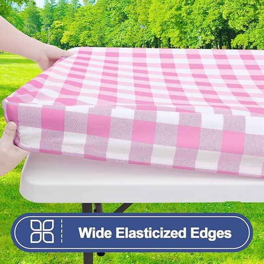 Smiry Picnic Table Cloth 2 Pack, Waterproof Elastic Fitted Tablecloths for 6FT Rectangle Tables, Washable Polyester Buffalo Plaid Tablecloth for Camping, Dining & Outdoor (Pink & White, 30" x 72")