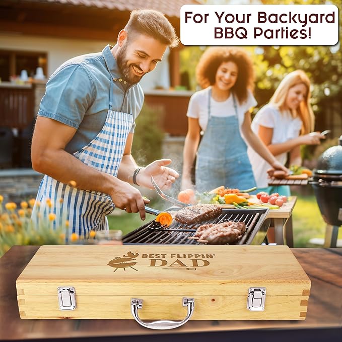 11-Piece BBQ Grilling Set with Engraved Maple Wood Box, Premium Stainless Steel Barbecue Tools with Wooden Handles for Dad – Best Flipping Dad Idea