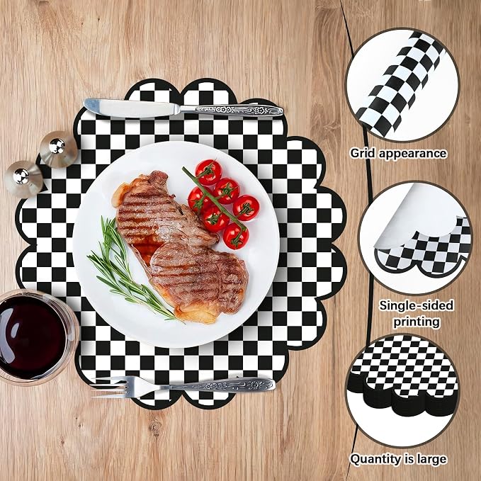 100Pcs Checkered Paper Placemats Black Gingham Place Mats 13.5 Inch Disposable Round Decorative Dining Table Mat with Scalloped Edge Paper Cutouts Decor for Picnic BBQ Table Party Supplies