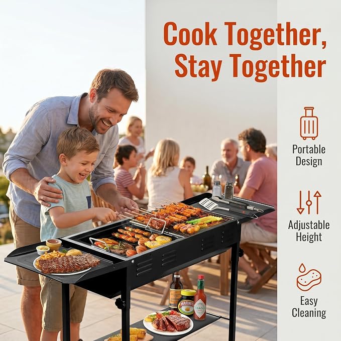 Portable Charcoal Grill, Foldable BBQ Grill for Camping, Backyard and Picnic, Adjustable Height Outdoor Charcoal Grill with Grill Grate, Griddle Pan, Side Shelves and Carry Bag, Black