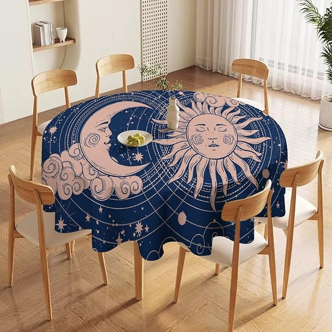 Moon Sun Round Tablecloth Vintage Boho Celestial Star Magical Galaxy Space Table Cloth Water Resistant Wipeable Table Cover for Farmhouse Picnic Party Holiday Kitchen Dinner Table 50"