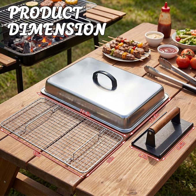14 Inch Large Melting Dome and Grill Press Kit, 4 Pcs Griddle Accessories Set, Stainless Steel Cheese Basting Cover, Burger Bacon Press, 2 Cooling Racks for Flat Top Grill Indoor Outdoor