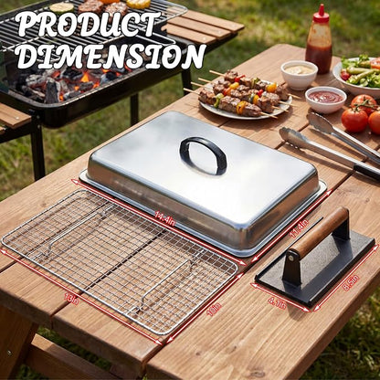 14 Inch Large Melting Dome and Grill Press Kit, 4 Pcs Griddle Accessories Set, Stainless Steel Cheese Basting Cover, Burger Bacon Press, 2 Cooling Racks for Flat Top Grill Indoor Outdoor
