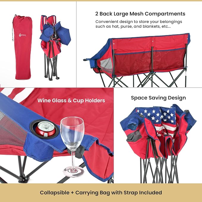 ARROWHEAD OUTDOOR 2-Pack Portable Folding Camp Loveseat Chair w/Glass & Cup Holders, Heavy Duty Carry Bag, 650 lbs Weight Capacity | Glass & Cup Holders, Heavy Duty Carry Bag, 650 lbs Weight Capacity, Beach, Tailgating, Fishing, Patio, Hunting, Backyar...