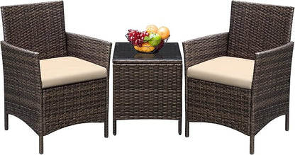 Greesum 3 Pieces Patio Furniture Sets Outdoor PE Rattan Wicker Chairs with Soft Cushion and Glass Coffee Table for Garden Backyard Porch Poolside, Brown and Beige