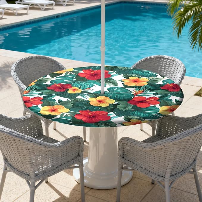 Outdoor Tablecloth with Umbrella Hole and Zipper Fits 37-44" Tables | Waterproof Round Fitted Tablecloth with Elastic Edge, Wipeable Outdoor Table Cover for Patio, Garden, Picnic