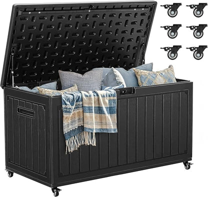 YITAHOME 90 Gallon Outdoor Storage Box with 6 Wheels, Large Double-Wall Resin Deck Box, Lockable Waterproof Outside Storage for Patio Furniture, Cushion, Pool Float, Garden Tool, Black