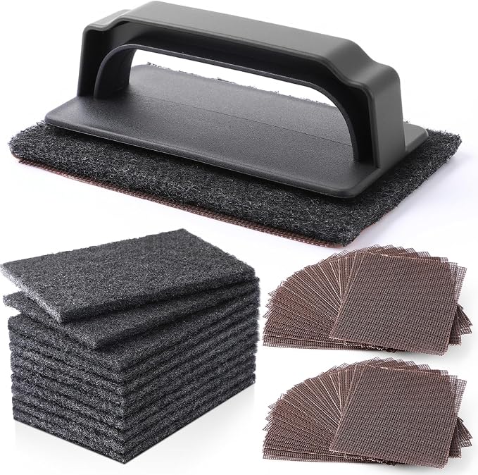 Reallnaive 31 Pcs Griddle Cleaning Kit for Flat Top Grill,Black | Screen Holder, Grill Screens Cleaning Pads, Heavy Duty Abrasive Mesh Pads for Cast Iron, Stainless Steel Griddle Cleaner
