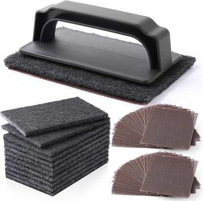 Reallnaive 31 Pcs Griddle Cleaning Kit for Flat Top Grill,Black | Screen Holder, Grill Screens Cleaning Pads, Heavy Duty Abrasive Mesh Pads for Cast Iron, Stainless Steel Griddle Cleaner