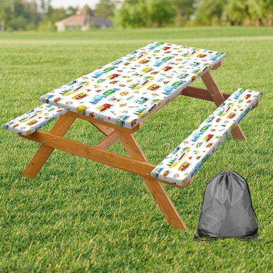 Picnic Table Cover with Bench Covers, RV Bear & Mountain Camping Tablecloth, Elastic Edges, Windproof Waterproof Fitted, for Outdoor Camping Patio Garden, with Drawstring Bag, 60 Inch 3PCS