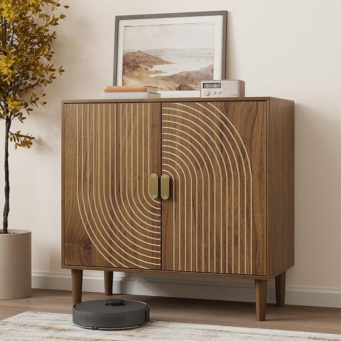 Smuxee Walnut Sideboard Cabinet, Freestanding Buffet Cabinet with Line Groove Design, Wood Storage Cabinet with Adjustable Shelf for Living Room, Entryway, Hallway