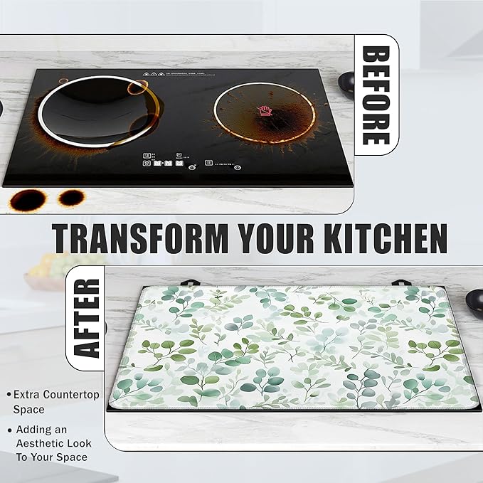 Electric Stove Top Cover,Eucalyptus Leaves Stove Cover for Glass Top Electric Stove,Watercolor Green Leaf Heat Resistant Flat Top Stove Mat Countertop Protector, 28 x 20 Inch