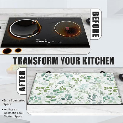 Electric Stove Top Cover,Eucalyptus Leaves Stove Cover for Glass Top Electric Stove,Watercolor Green Leaf Heat Resistant Flat Top Stove Mat Countertop Protector, 28 x 20 Inch