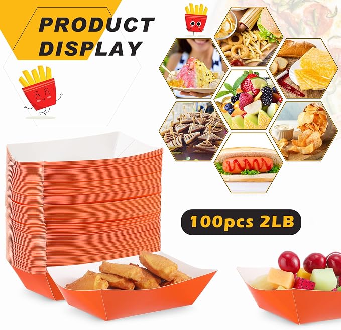 100 Pcs 2lb Paper Food Trays Boat Nacho Boats for Hot Dogs, Orange | Grease-Resistant, Disposable Kraft Paper Boat for Tacos Concession, Food Trucks, Birthday, Wedding, Christmas, Halloween