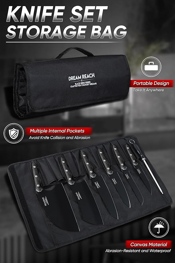 Dream Reach Chef Knife Set - 6PCS Hand Forged Black Butcher Knife Set for Meat Cutting, Serbian Cleavers with A Roll Bag for Kitchen Camping BBQ Outdoor, Birthday Mother Father Gift Idea