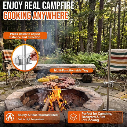 24" Fire Pit Campfire Grill Grate, Foldable Open Fire Cooking Grill Grate Portable Stainless Steel Camping Cooking Barbecue Rack Heavy-duty, Easy Setup & Adjustable Height for Outdoor