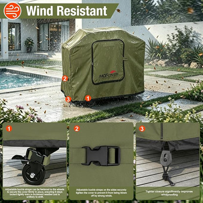 Exclusive Foldable 55 inch Grill Cover, 600D Heavy Duty Outdoor BBQ Cover for 3-4 Burners Grill, Waterproof Fade Resistant Barbecue Cover, Green