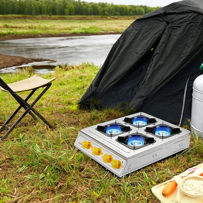 Vivicreate 4 Burner Propane Gas Stove 40000 BTU Stainless Steel Cooktop with Enamel Pan Support Electronic Ignition for Camping Outdoor Cooking BBQ Fogón de Estufa de Gas Portátil